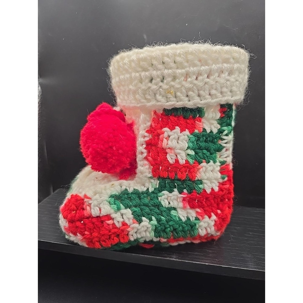 Hand Crocheted Decorative Christmas Stocking / Bootie‎ Fits Over A Plastic Cup